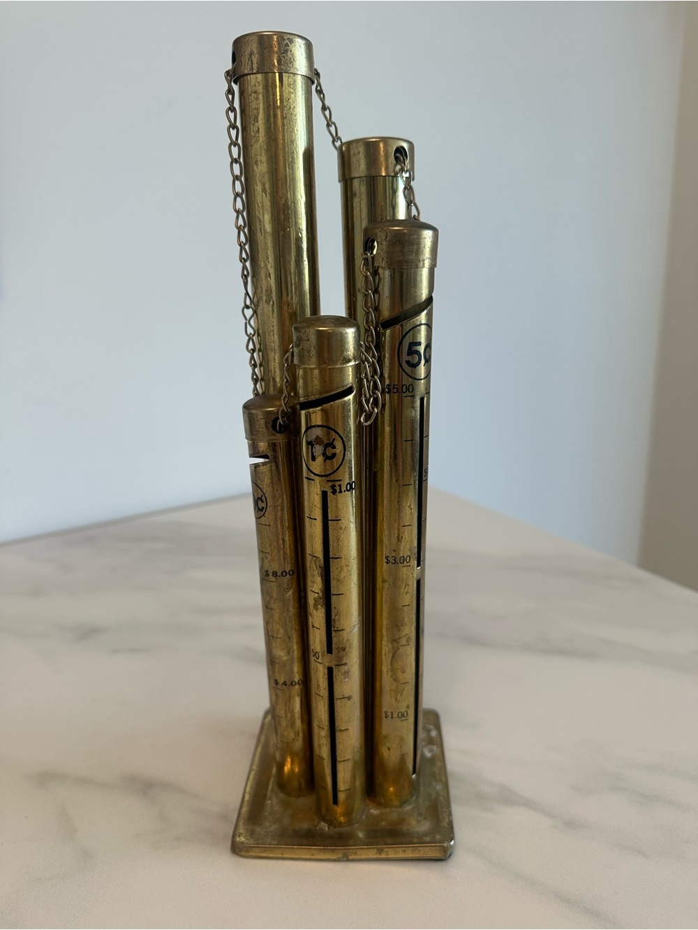 Vintage Brass Colored Metal Test Tube Coin Bank  5 tubes Loonie Slot